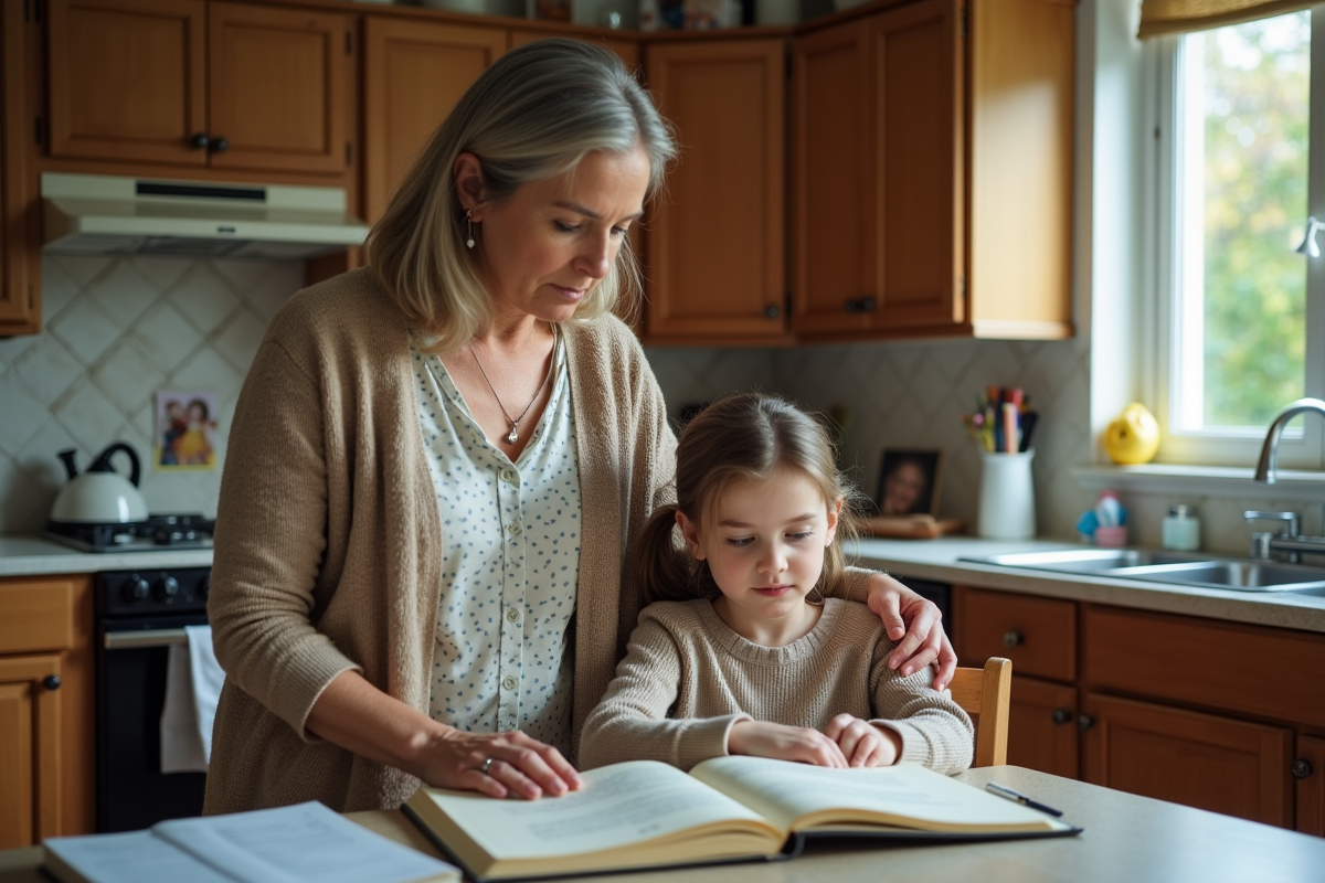 Mère aidant sa fille dans la cuisine avec livres scolaires