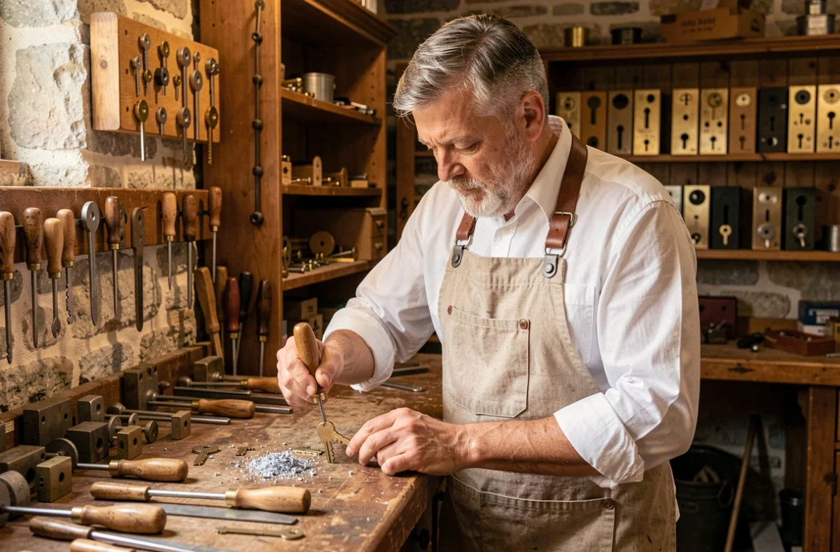 Artisan serrurier alsacien taillant une clé à la main dans un atelier traditionnel de L'Alsacienne de Serrurerie à Strasbourg