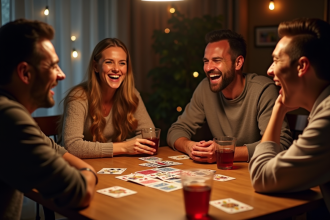 Groupe d'amis riant autour d'une table de cartes chaleureuse