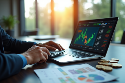 Analyste financier utilisant calculatrice et ordinateur avec taux de change