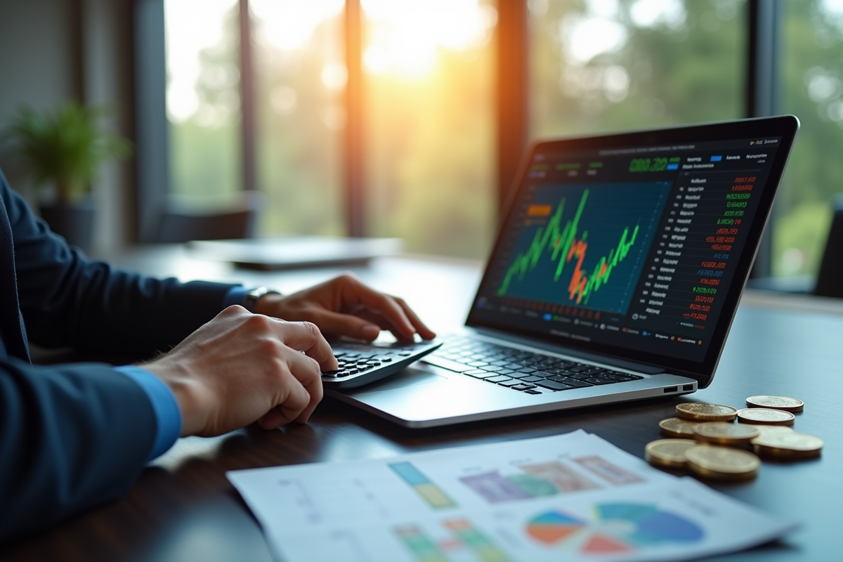 Analyste financier utilisant calculatrice et ordinateur avec taux de change