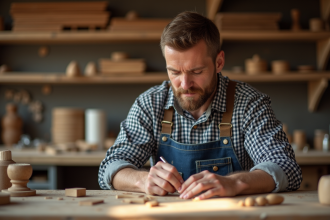 Artisan homme en atelier sculptant du bois à la main