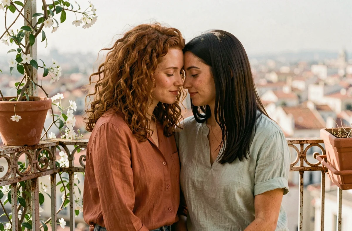 Portrait intimiste de deux femmes complices sur un balcon marseillais fleuri de jasmin par Audrey Noël avec connexion émotionnelle authentique