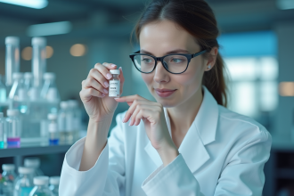 Chercheuse en laboratoire examinant un flacon scientifique