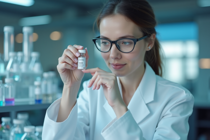 Chercheuse en laboratoire examinant un flacon scientifique