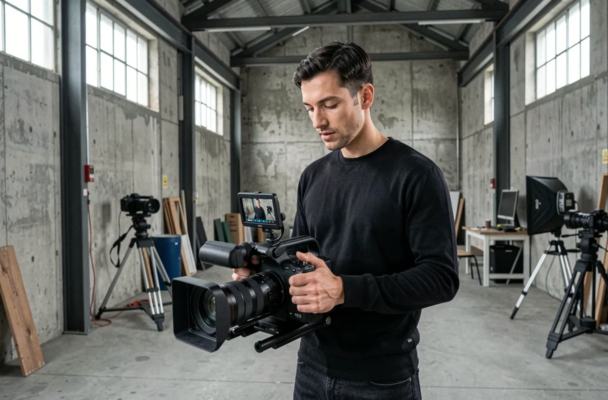 Photographe et vidéaste Clément Courgeon Noël tenant un rig cinéma dans un espace industriel de Marseille avec béton brut et équipements de production visibles
