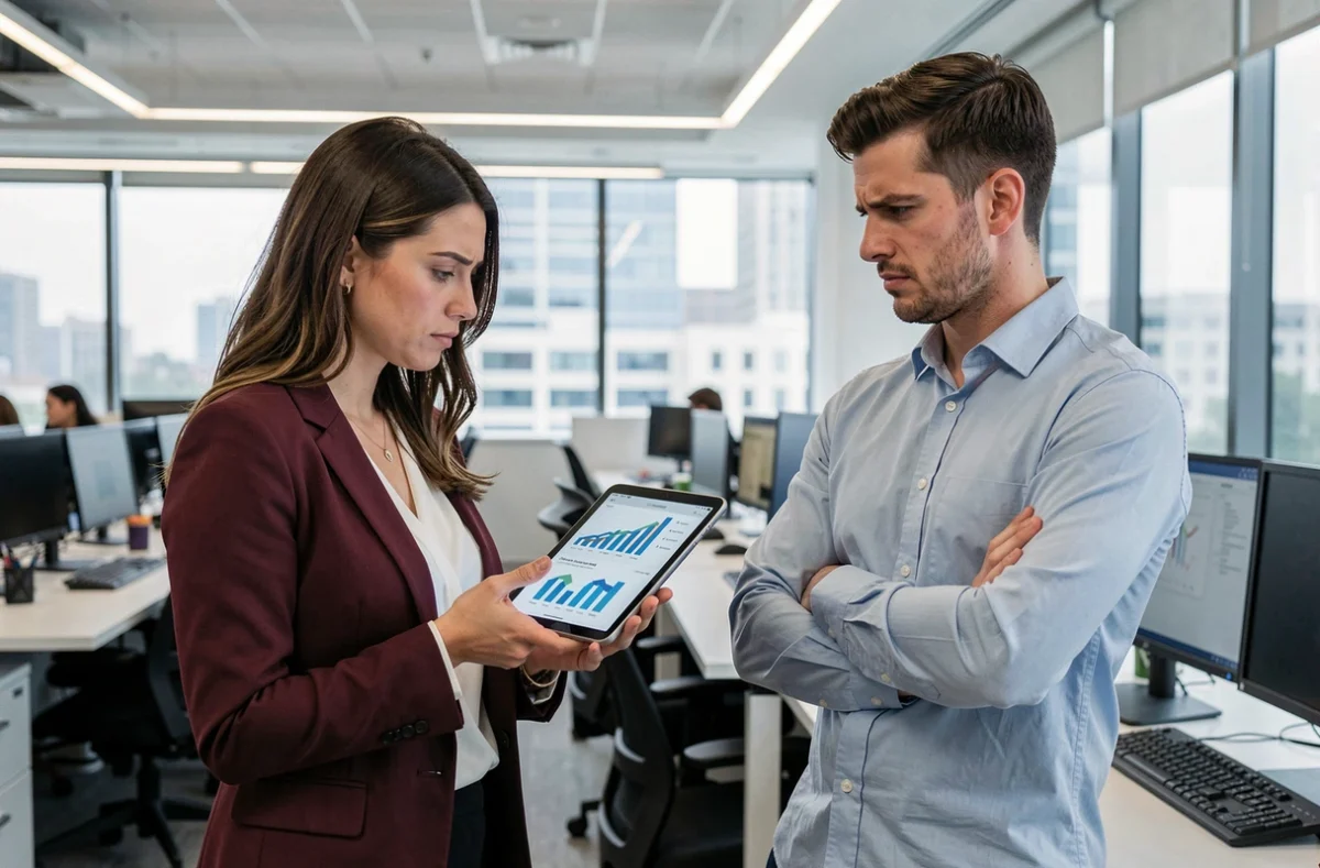 Deux collègues en désaccord dans un bureau moderne, illustrant une approche inefficace et l'expression 's'y prendre mal' au travail