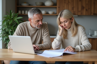 Couple d'âge moyen examinant des documents de prêt immobilier