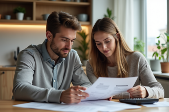Jeune couple en cuisine examinant des documents de prêt immobilier