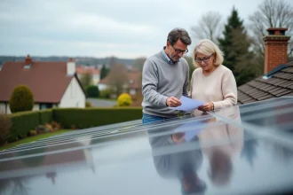 Couple regardant des papiers près de panneaux solaires sur le toit