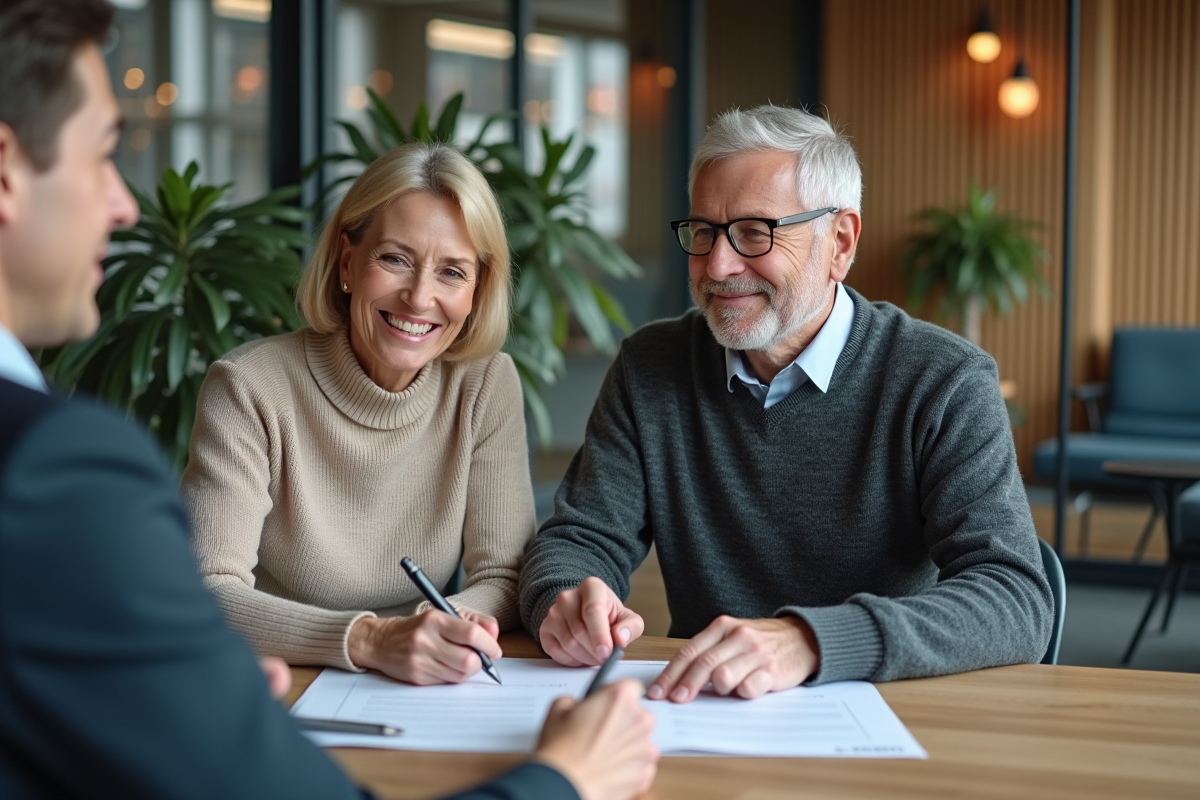 Couple signe un contrat dans un bureau bancaire moderne