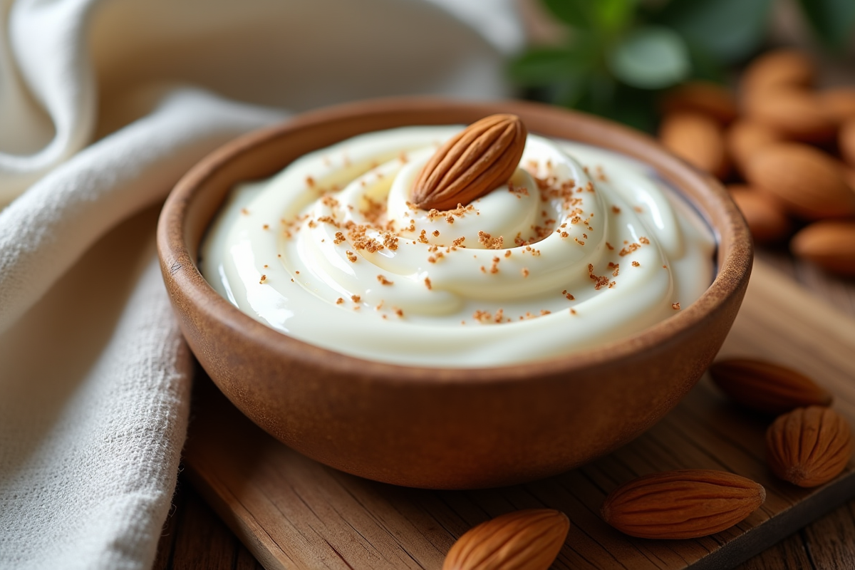 Bol de creme d'amande maison sur une table en bois rustique