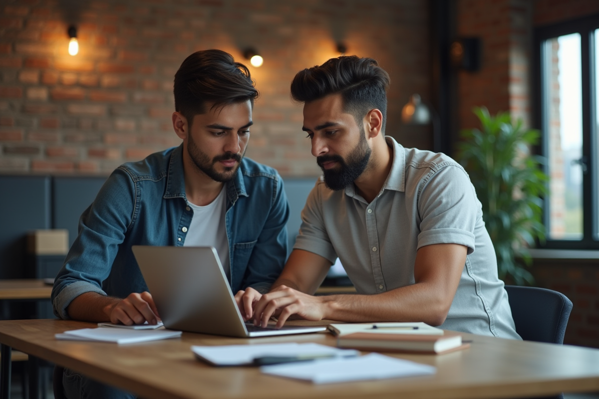 Deux développeurs discutant du code interface sur un bureau créatif