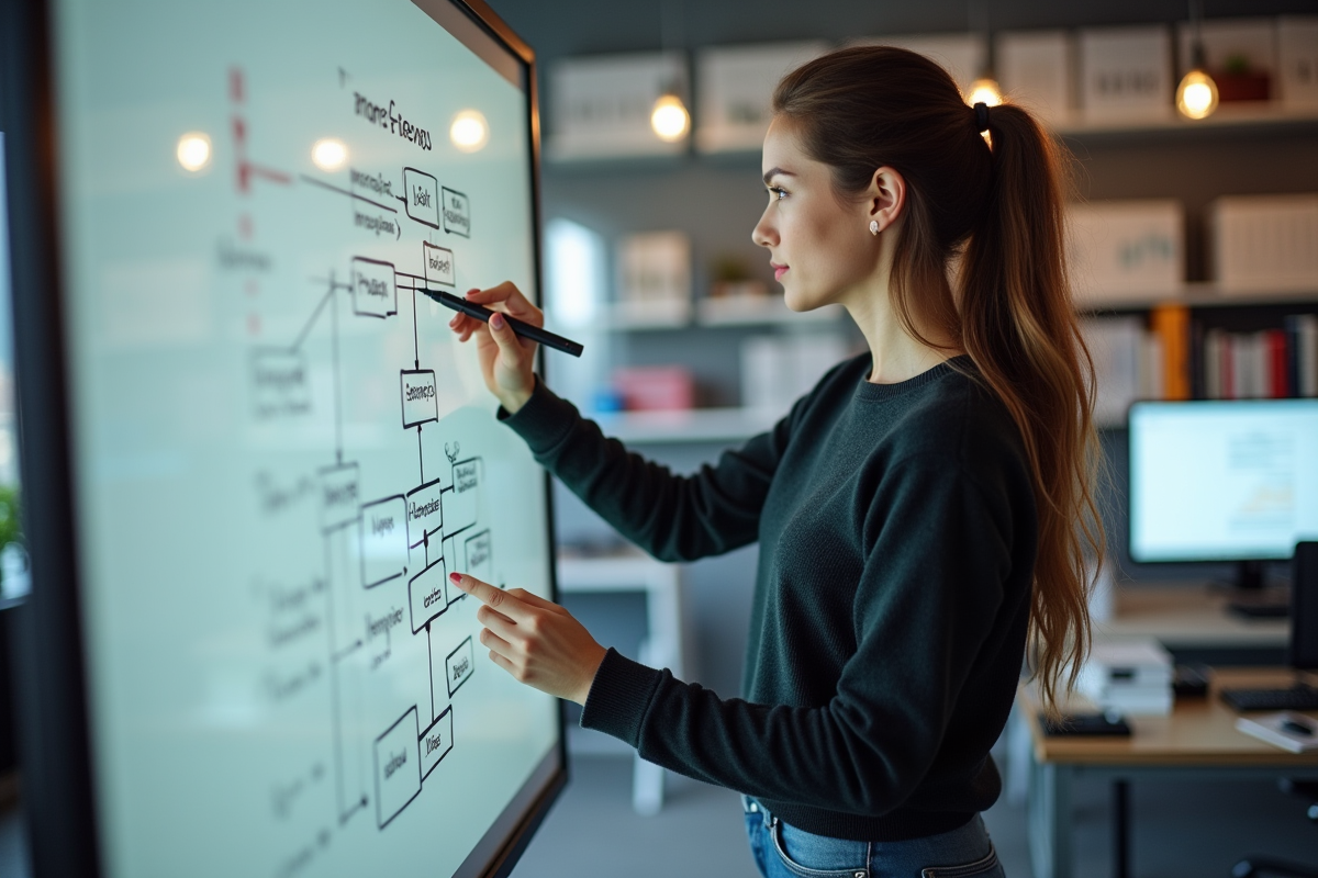 Développeuse logicielle esquissant un flowchart dans un bureau moderne