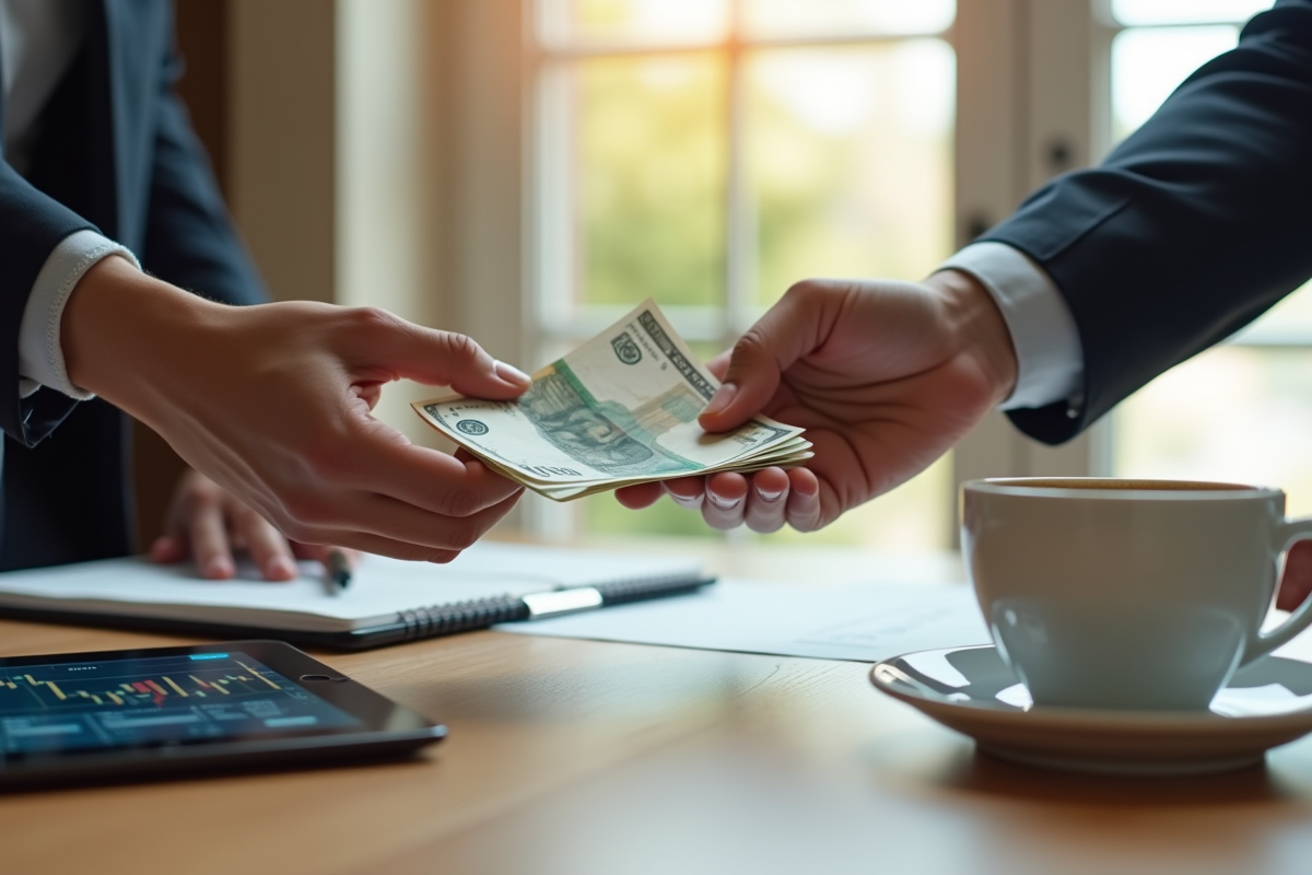 Deux mains échangeant euros contre dollars avec tablette et café