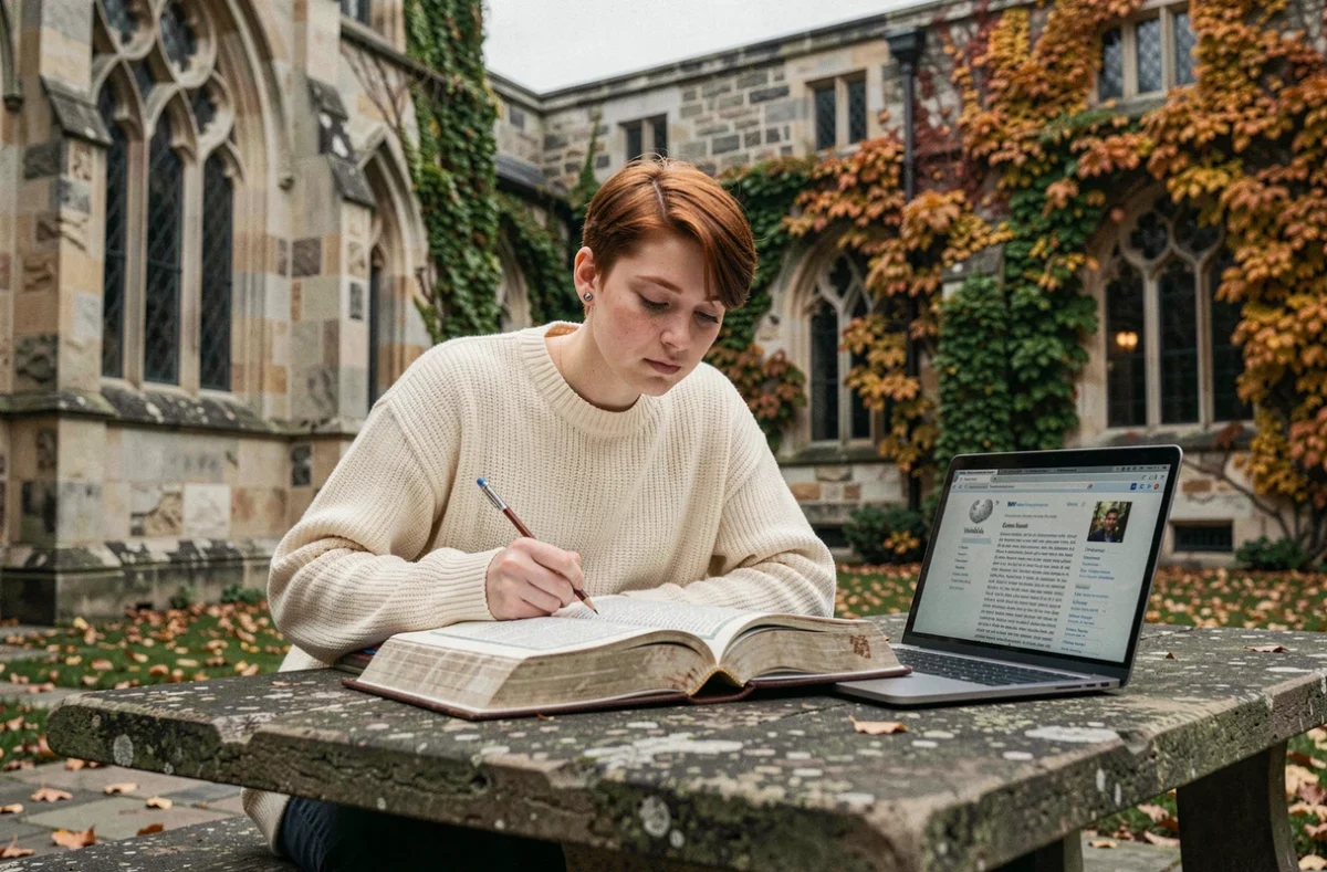 Jeune personne étudiant un texte sacré en édition savante bilingue à l'extérieur dans une cour universitaire historique avec un ordinateur portable