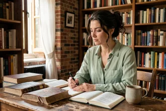 Femme étudiant un texte sacré ancien à son bureau avec des annotations dans un carnet, dans une bibliothèque personnelle chaleureuse