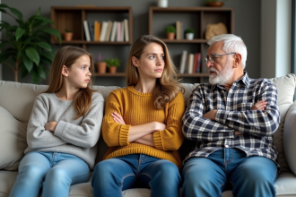 Trois générations de famille en discussion dans le salon