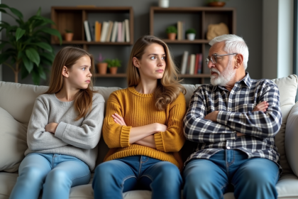 Trois générations de famille en discussion dans le salon