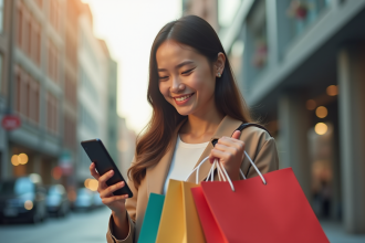 Jeune femme avec smartphone et sac de shopping en ville
