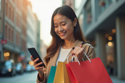 Jeune femme avec smartphone et sac de shopping en ville