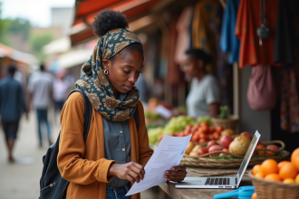 Jeune femme africaine au marché en train de travailler