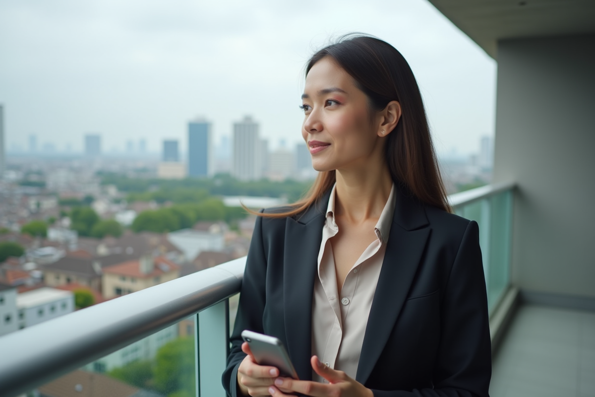 Femme professionnelle regardant la ville depuis un balcon