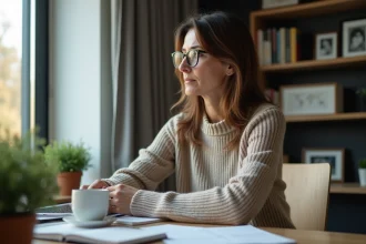 Femme en bureau à la maison regardant par la fenêtre