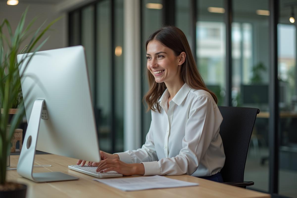 Femme au bureau moderne travaillant sur ordinateur