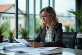Femme d'affaires en bureau avec documents d'investissement