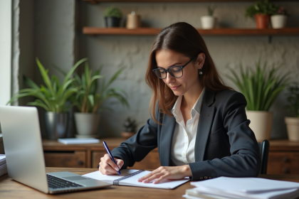 Jeune femme concentrée dans son bureau à domicile