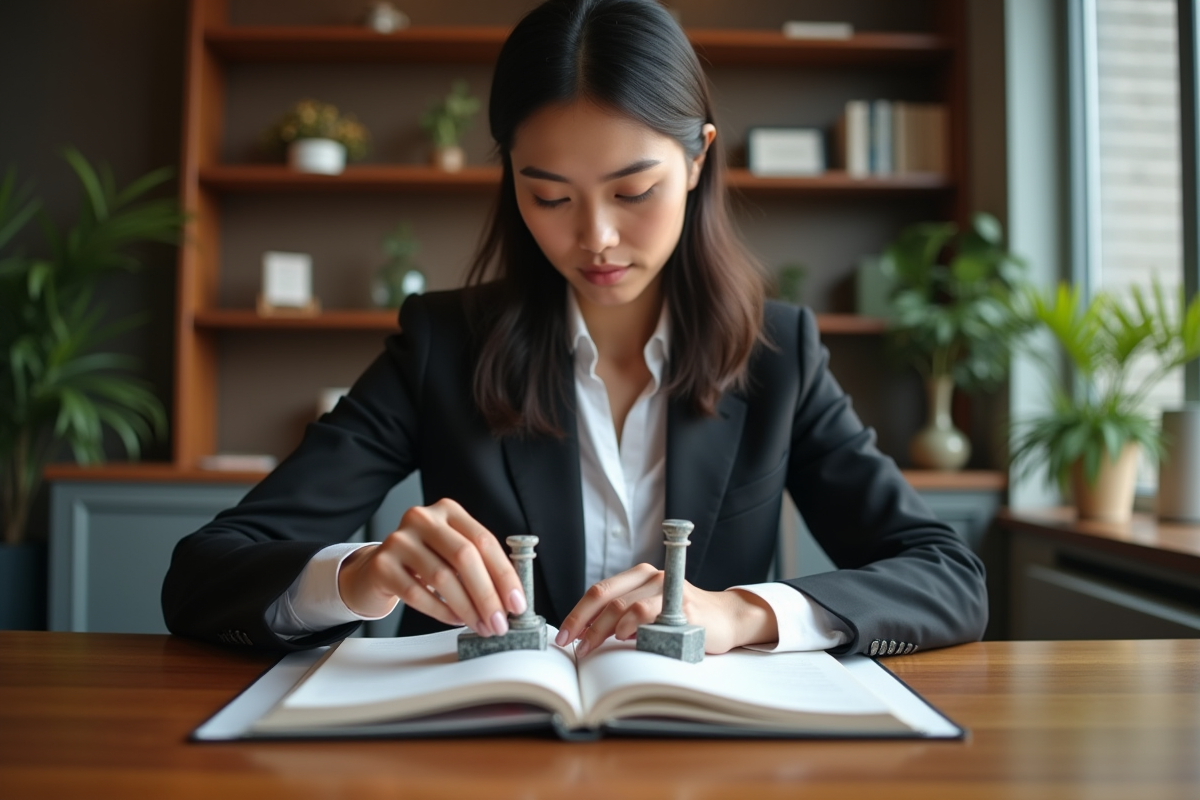 Jeune femme professionnelle arrangeant piliers en intérieur