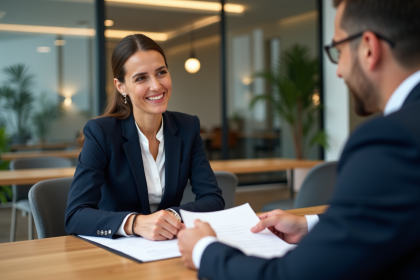 Femme confiante en costume navy discutant avec conseiller bancaire