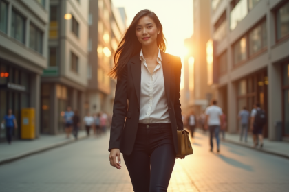 Femme confiante en blazer dans une ville ensoleillee