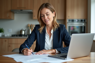 Femme en blazer bleu examine des documents hypothécaire