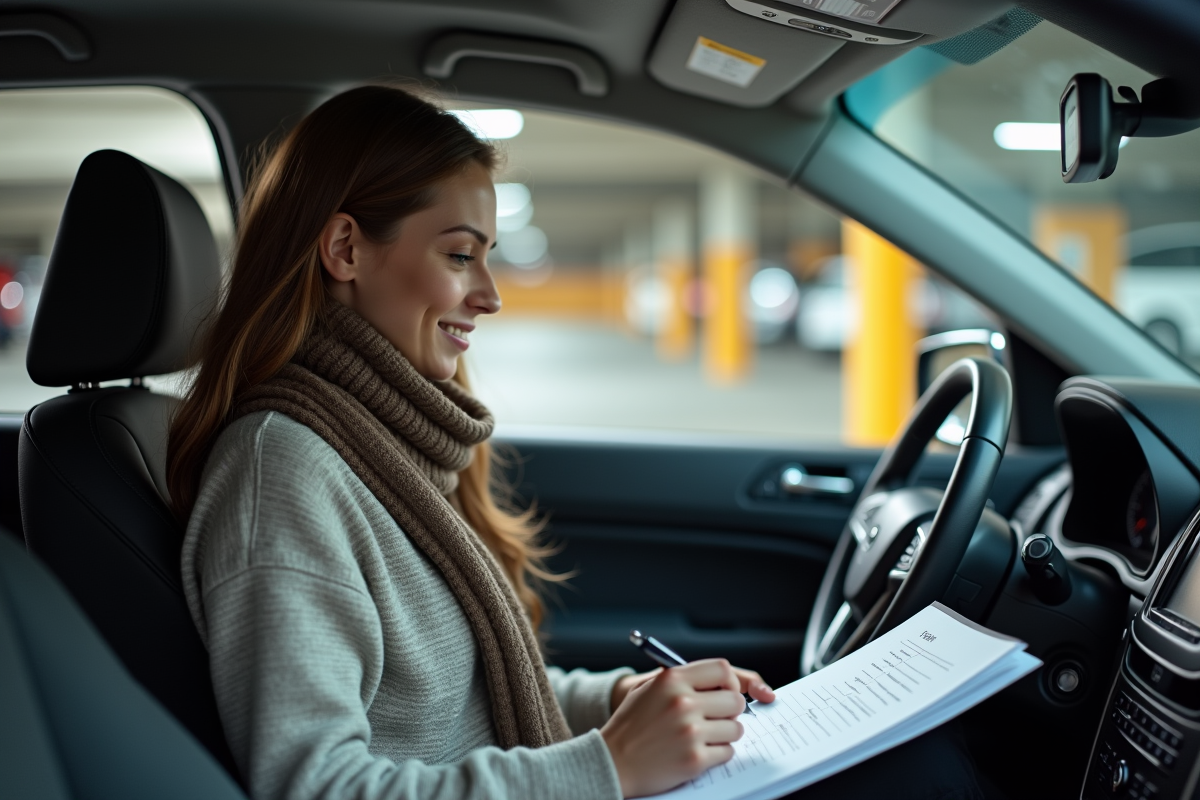 Femme contrôlant un véhicule dans un parking intérieur