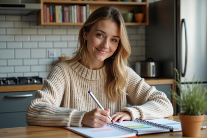 Femme créant une liste colorée dans une cuisine moderne