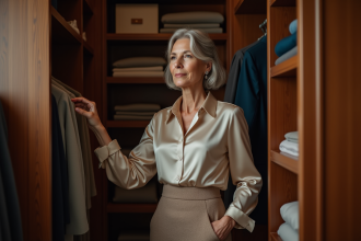 Femme élégante dans un dressing de luxe en silk et cachemire