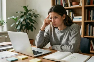 Jeune femme frustrée devant son ordinateur portable, illustrant l'expression 'je m'y prends mal' dans un bureau à domicile encombré