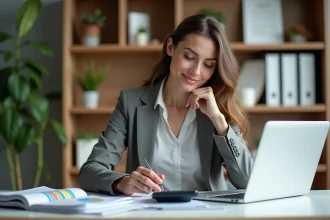 Femme confiante analysant un graphique financier dans un bureau