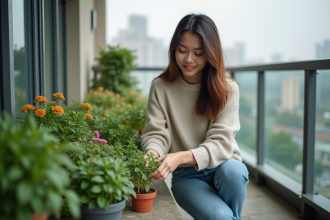 Jeune femme arrangeant des plantes sur un balcon urbain