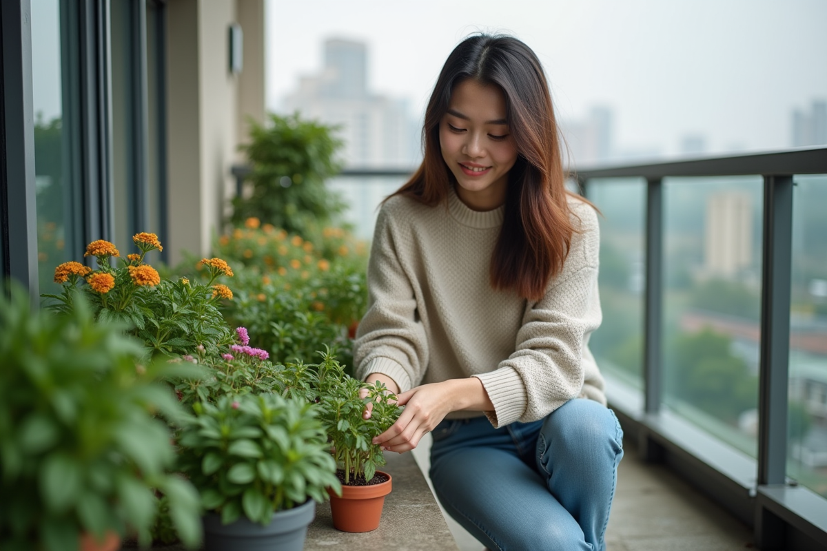 Jeune femme arrangeant des plantes sur un balcon urbain