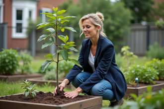 Femme d'âge moyen dans un jardin communautaire en train de planter un jeune arbre