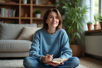 Femme méditative écrivant dans un journal dans un salon cosy