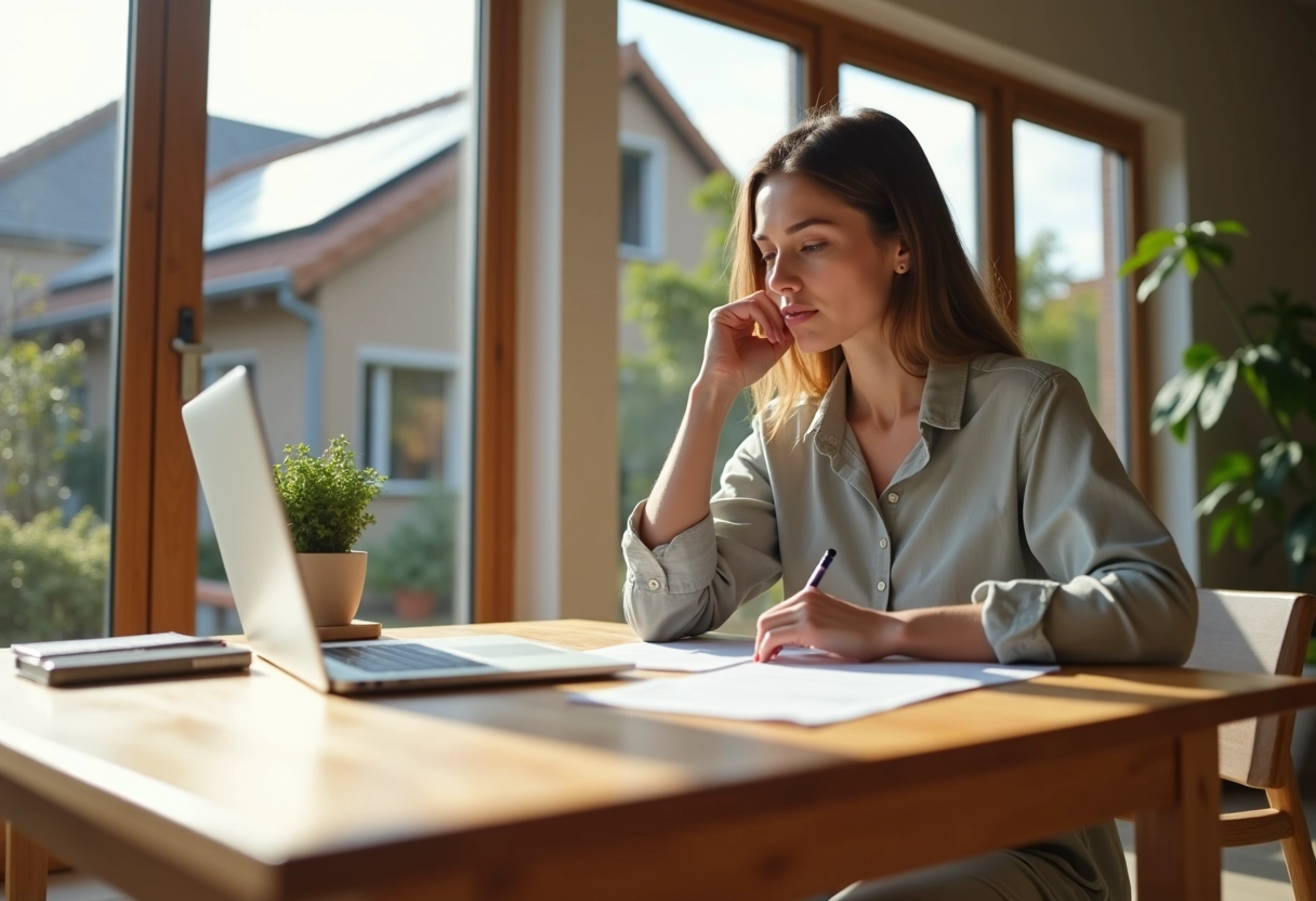 Jeune femme lisant des documents fiscaux dans la cuisine