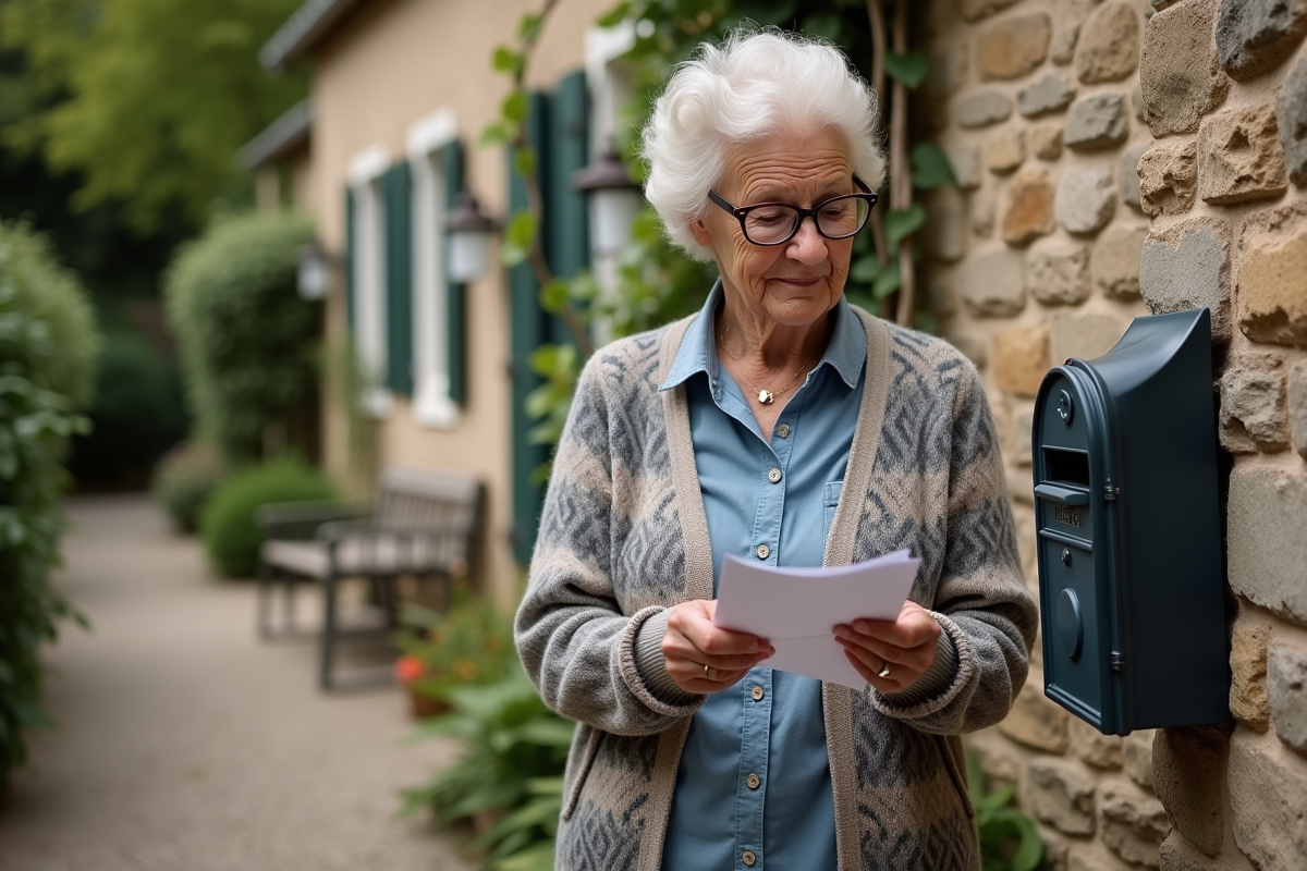 Femme âgée ouvrant une lettre devant sa maison en pierre