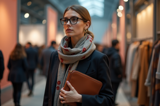 Femme professionnelle lors d'un salon de mode avec blazer et foulard