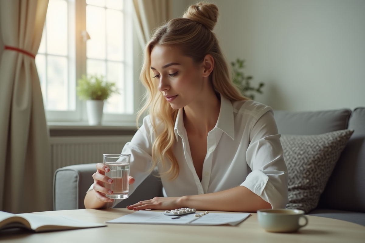 Jeune femme au home tenant un verre d'eau et regardant un paquet de medicaments