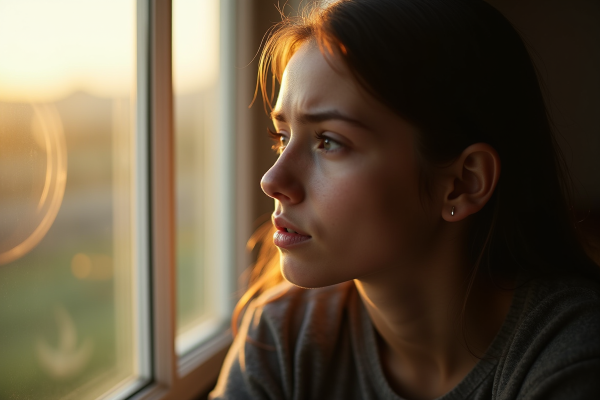 Jeune femme pensant près d'une fenêtre en lumière naturelle