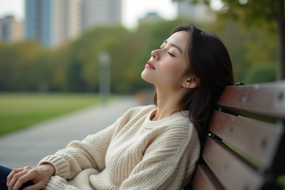 Jeune femme détendue assise dans un parc urbain
